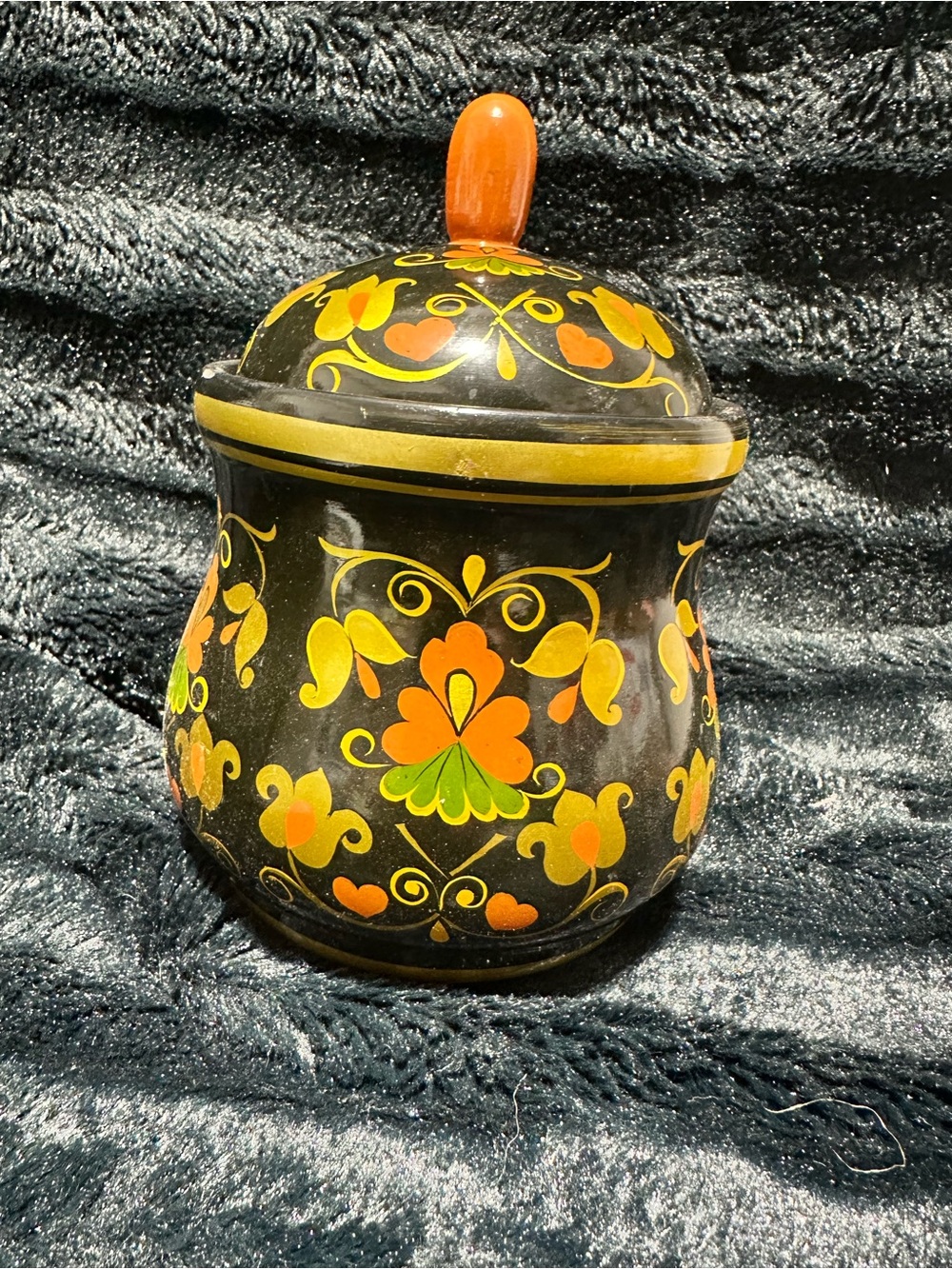 Russian Khokhloma hand-painted wooden lidded jar